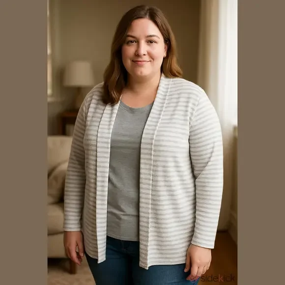 CJ Banks Gray White Striped Open Front Cardigan Sweater 1X Plus Size - Picture 11 of 11